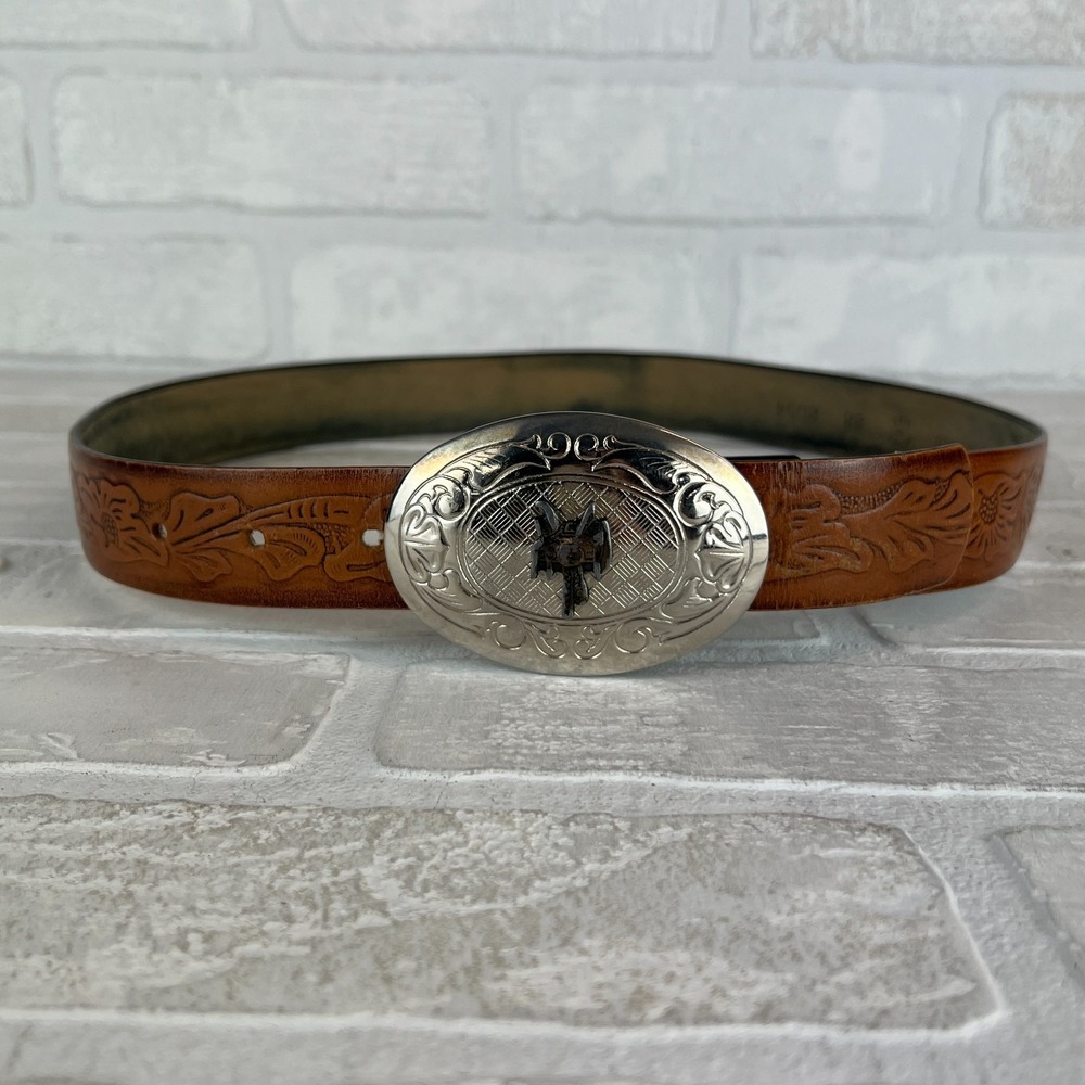 Vtg USA Western Belt 34 Brown Leather Floral Hand Stained Silver‎ Buckle Saddle